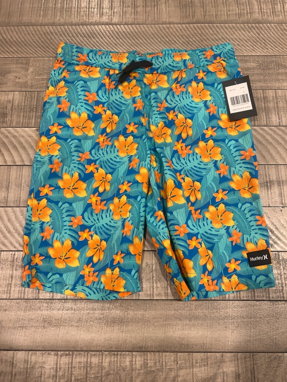 Hurley Boys Blue Tropical Swim Trunks with Yellow Floral Print